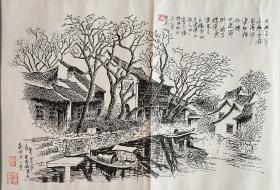 杜圣贵钢笔画《古镇南浔西街一景》画心尺寸54/38