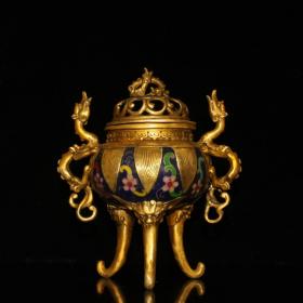 早期收藏 黄铜鎏金景泰蓝三腿香炉摆件 做工精细 品相如图