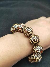 西藏藏传老玛瑙回纹天珠玛瑙手链圆珠满工雕花天珠手串20mm大珠子