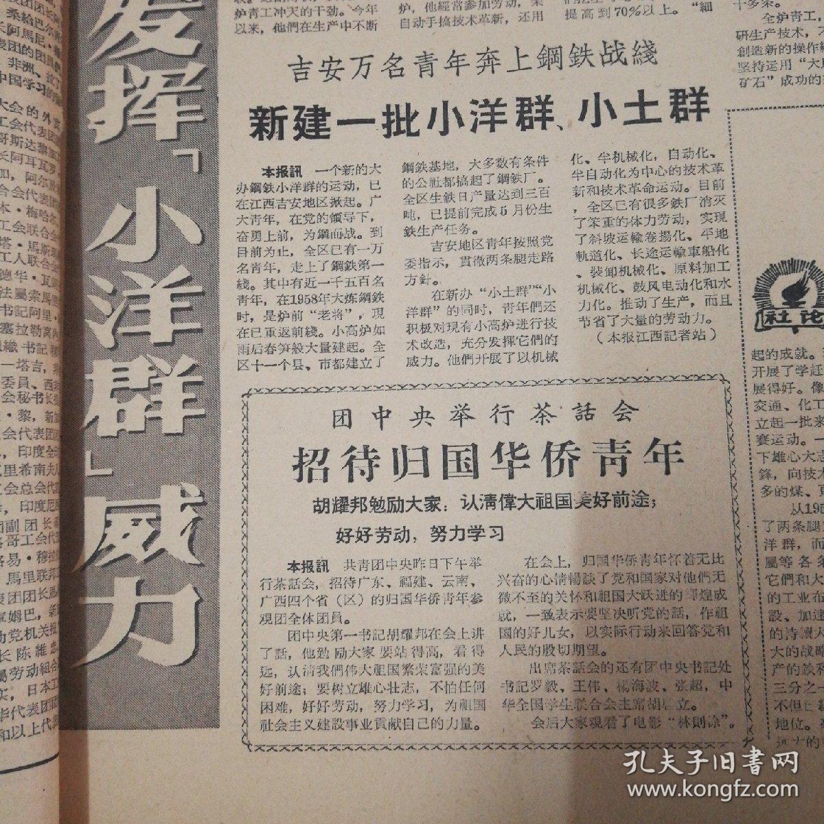 团中央举行茶话招待归国华侨青年，团中央第一书记勉励大家认清伟大祖国美好前途，好好劳动，好努力学习。《中国青年报》