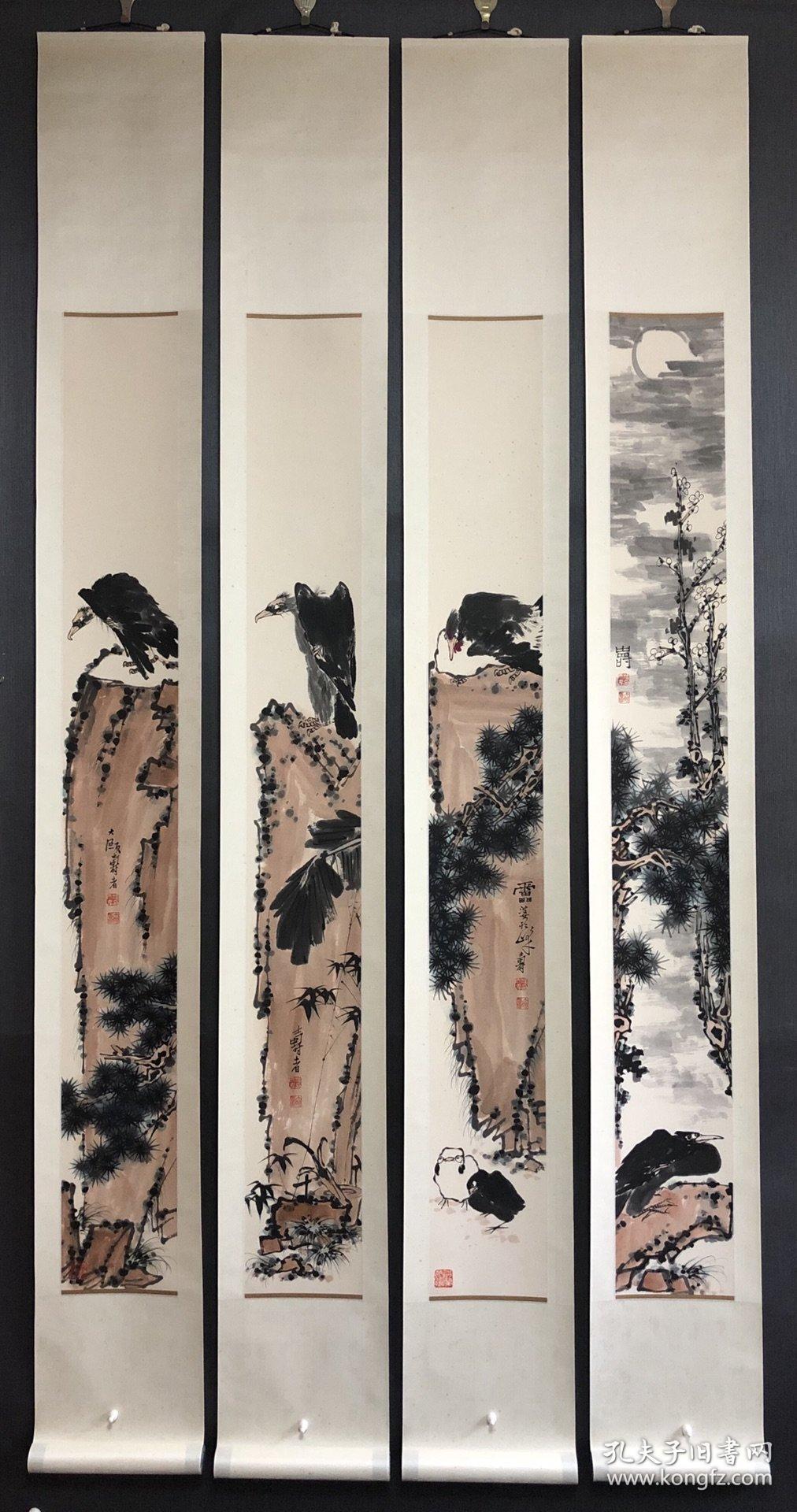 潘天寿花鸟四条屏，纸本设色绫裱立轴， 规格:画芯宽17cm高136cm×4祯 潘天寿，字大颐，号寿者，出生于浙江省宁海县，毕业于浙江省立第一师范学校，现代著名画家、美术教育家。其擅画花鸟、山水，兼善指画，亦能书法、诗词、篆刻，鹰是画家钟爱的创作题材，因为鹰具有刚健强悍、翱翔搏击、神态威猛、器宇轩昂的风采和高远博大的精神境界。