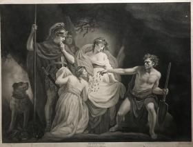 1799年，初版初印，巨幅点刻铜版画《雅典的泰门》第四幕第三场，博伊德尔莎士比亚画廊版画作品。绘画：约翰 欧皮尔 雕刻：罗伯特 修。52x68cm 画芯46x60cm。