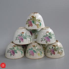 全品古玩古董瓷器 五十年代厚胎粉彩花卉老茶杯10只 老茶具 包老
