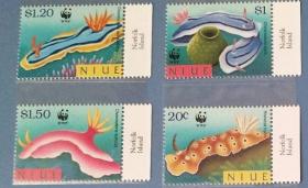 纽埃1999年 保护动物基金会 WWF, 裸鳃亚目海洋生物 4全新 带版名