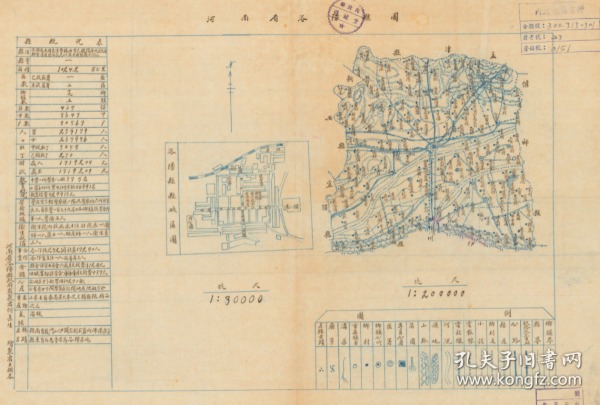 民国《洛阳县老地图》图题为《洛阳县县图》（原图高清复制）（民国洛阳老地图、洛阳县地图，洛阳地图、洛阳市老地图）全图规整，绘制详细，左侧附县治资料，内容丰富，请看洛阳县甲级壮丁人数情况。附县城区图。洛阳县地理地名历史变迁重要史料。博物馆级地图史料。裱框后，风貌佳。