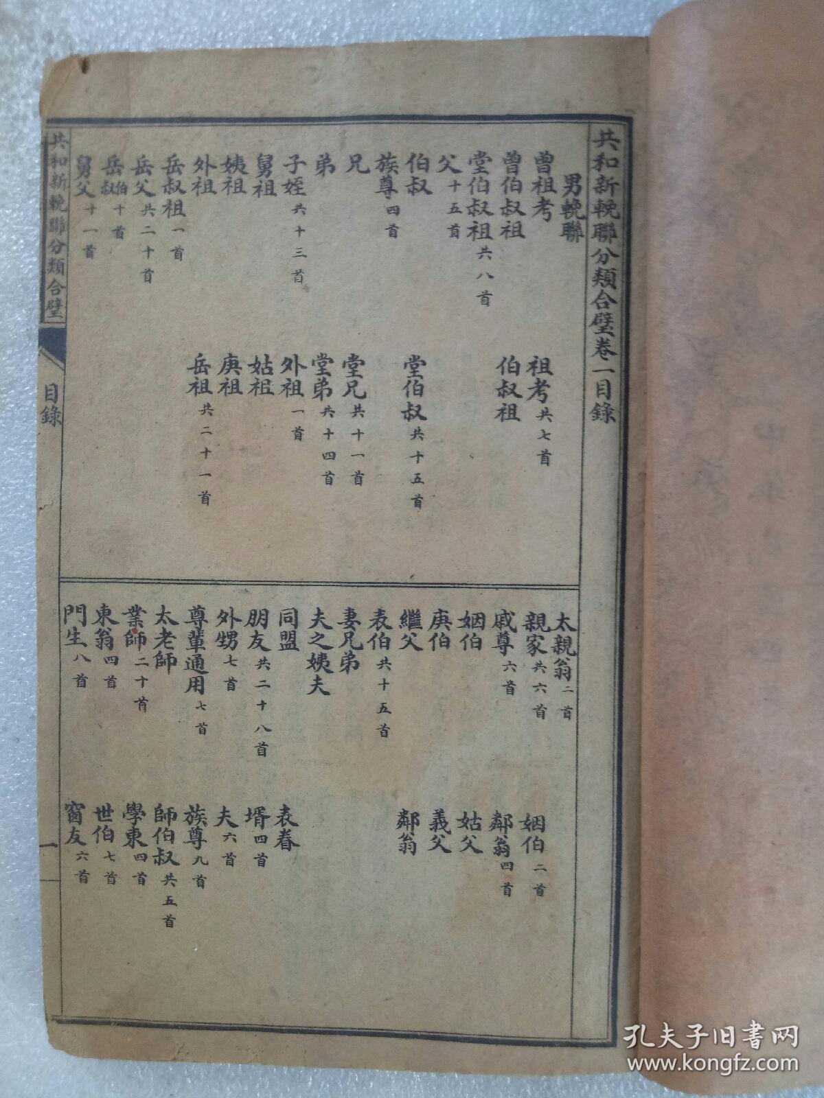 民国 共和新輓联分类合璧 一册()五卷) 1915年 该书五卷完整干净，原装订，特别是卷五全部为追悼援鄂阵亡将士輓联，