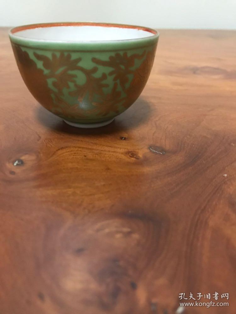 H-0403【单杯集】回流美术 日本茶道具 主人杯 宝瓶汤冷 文房雅玩 薄胎手绘金裥手松石绿地描金彩手杯一个j /口径长6.2厘米、高4.5厘米/石亭款