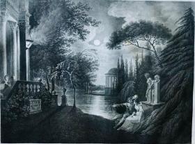 1796年，初版初印，巨幅线刻铜版画《威尼斯商人》莎士比亚戏剧-威尼斯商人-第五幕第一场，博伊德尔莎士比亚画廊版画。绘画：W.霍基斯 雕刻：J.布朗，58x88cm 画芯：44x58cm。