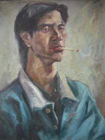 80年代老油画/布面油画 《抽烟的男子》  尺寸：60X50厘米