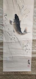 D1429：手绘鱼跃图立轴(日本回流.回流老画.老字画
