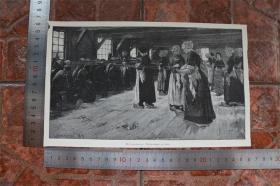 【现货 包邮】1890年小幅木刻版画《在拉伦的平磨料工坊》(flachsscheuer in laren)尺寸如图所示（货号400726）