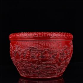 清乾隆珊瑚红釉浮雕乐居田园纹画缸