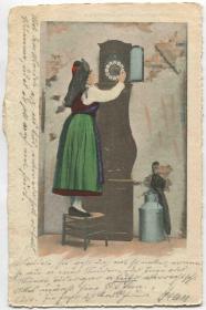 德国 1901年 实寄明信片 拨弄座钟的民族青年妇女 服饰 头饰CARD-H182 DD