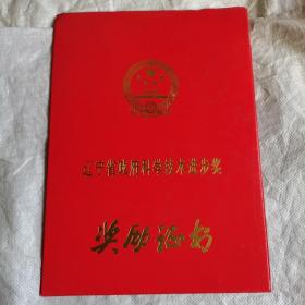 辽宁省政府科学技术进步奖奖励证书（一等奖）8开