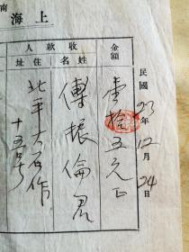 民国23年12月24日 天山月刊社汇稿费15元 给傅振伦 原始单据一张