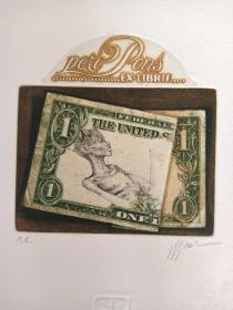 Pere Pons铜版蚀刻藏书票《美元》