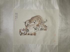 河南美协郭凤军工笔虎仔，绢本48x35cm，已托底