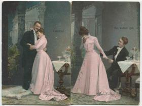 德国 1900s 实寄明信片 穿礼服的男人与粉色长裙的妇女 2枚CARD-H316 DD