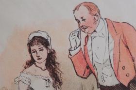 【百元包邮】彩色石版画《话不投机，她被一位严肃的老绅士带走。》1885年  带卡纸装裱  卡纸尺寸约40*30厘米 （PM01610）