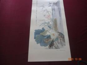 荷花翠鸟(KINGFISHERS OVER THE LOTUS 作)[该张图系1987年“故宫藏画”挂历中的其中一张，上海人民美术出版社出版 1986年2月出品，月历部分被裁，在意者请勿拍]【规格尺寸：65*34CM，1张】