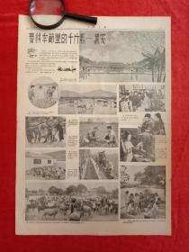 历史文献·报刊收藏品:《人民日报》1956年一张，整版照片，春耕季节里的千斤县——潮安，祖国南方第一个千斤丰产县潮安，中共潮安县委杨旭同志照片，陇美乡、刘陇乡队员照片，陈桥乡、池湖乡照片，下张乡学文化照片，保健模范18岁姑娘周惠珍照片。沈同衡漫画等内容。报上有”甘肃省临洮农校图书馆”馆藏章。