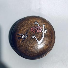 旧藏花梨木镶嵌贝壳圆盒