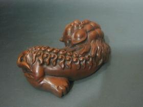 古玩古董老木雕收藏品 黄杨木雕刻一对狮子小摆件