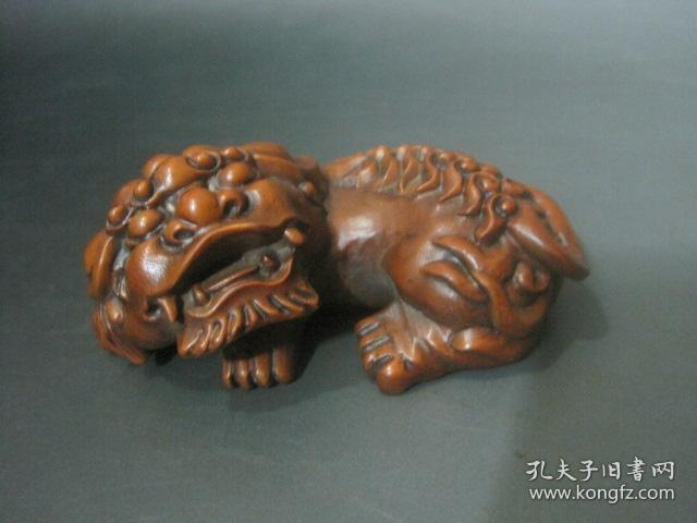 古玩古董老木雕收藏品 黄杨木雕刻一对狮子小摆件