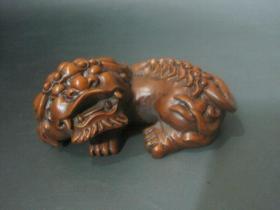 古玩古董老木雕收藏品 黄杨木雕刻一对狮子小摆件