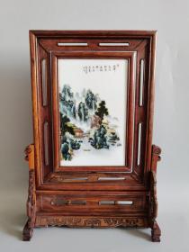 老花梨镶嵌瓷板画 江山无限摆件