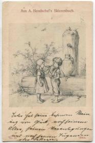 德国 1910年 实寄明信片 Hendschel素描 水塔前的男孩与女孩CARD-H298 DD