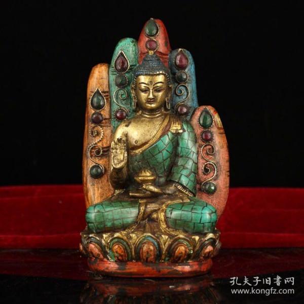 尼泊尔收老纯铜镶嵌宝石彩绘坐佛手释迦摩尼佛祖 重1098克 高16厘米 宽9厘米 580