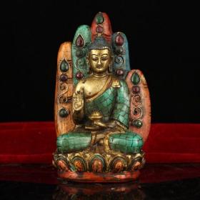 尼泊尔收老纯铜镶嵌宝石彩绘坐佛手释迦摩尼佛祖 重1098克 高16厘米 宽9厘米 580