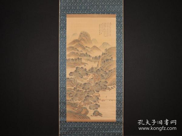 清江户时期南画家田能村竹田笔大幅老绢本绫裱(山莊访友图)画心145:71cm精致老紫檀轴头原配老桐木盒子盒盖画家题签