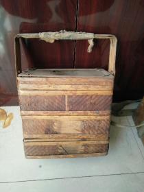 清代老物件斑竹香妃竹3层食盒古玩收藏品