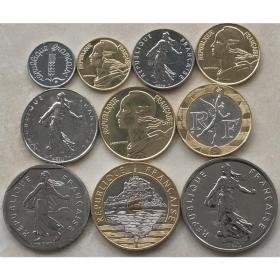 包邮 法国1994年清年份硬币10枚一套 1分-20法郎(双金属版) BU清年份卷拆全新品相