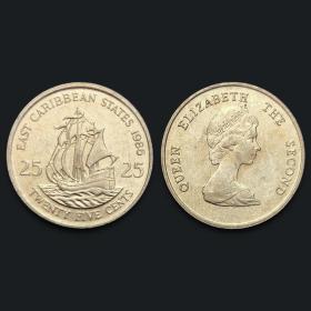 【美洲】东加勒比25分硬币 帆船 1986年 外国钱币 KM#14