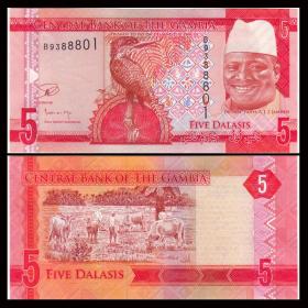 【非洲】全新UNC 冈比亚5达拉西纸币 外国钱币 2015年 P-31