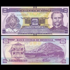 【美洲】全新UNC 洪都拉斯2伦皮拉 纸币 外国钱币 2014年 P-97