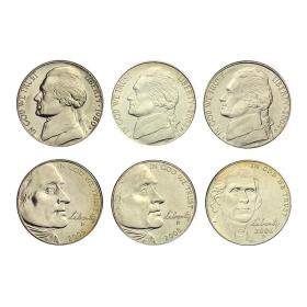 【美洲】美国5美分硬币 杰斐逊纪念币6枚大全套 全新卷拆品相钱币