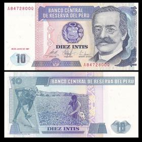 超特价 全新UNC 秘鲁10印蒂 外国纸币 1987年 P-129