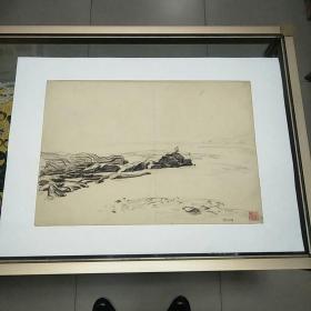 著名版画家、江苏水印版画学派创始人之一、南京艺术学院教授 张树云1973年速写画稿《海边》一幅（尺寸27.5*40cm，钤印：张树云）