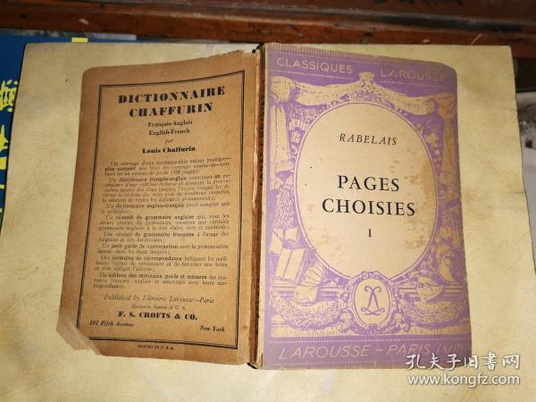 CLASSIQUES LAROUSSE   PABELAIS PAGES CHOISIES I        拉鲁斯经典选  精选页面 [1941年法文原版】