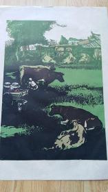 五六十年代上海朵云轩木板水印版画《奶牛》