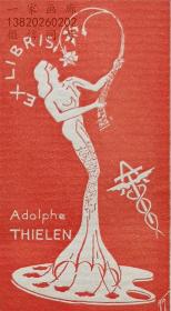 法国艺术家Adolphe THIELEN木刻套色自用藏书票—《女郎与花卉》1949