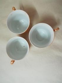 七八十年代 唐山产 金釉面开窗竹石仕女图 瓷杯 共三个