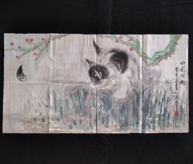 曹克家书法字画工笔田园猫趣图。画心尺寸72×39cm