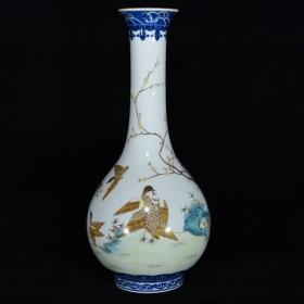 清雍正粉彩“安居乐业”纹长颈瓶，52×22