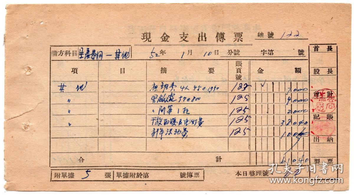 50年代发票单据类-----1952年1月松江省富锦县人民政府企业公司，新年活动费和夜班费收据（两张）