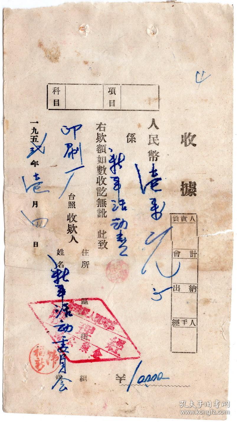 50年代发票单据类-----1952年1月松江省富锦县人民政府企业公司，新年活动费和夜班费收据（两张）